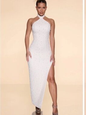 Oh Polly White Halter Neck Beaded High-Slit Gown